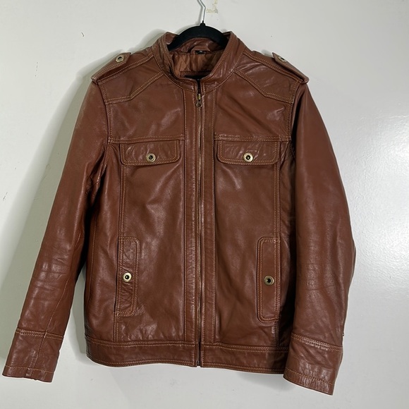 Zara men brown leather jacket size medium